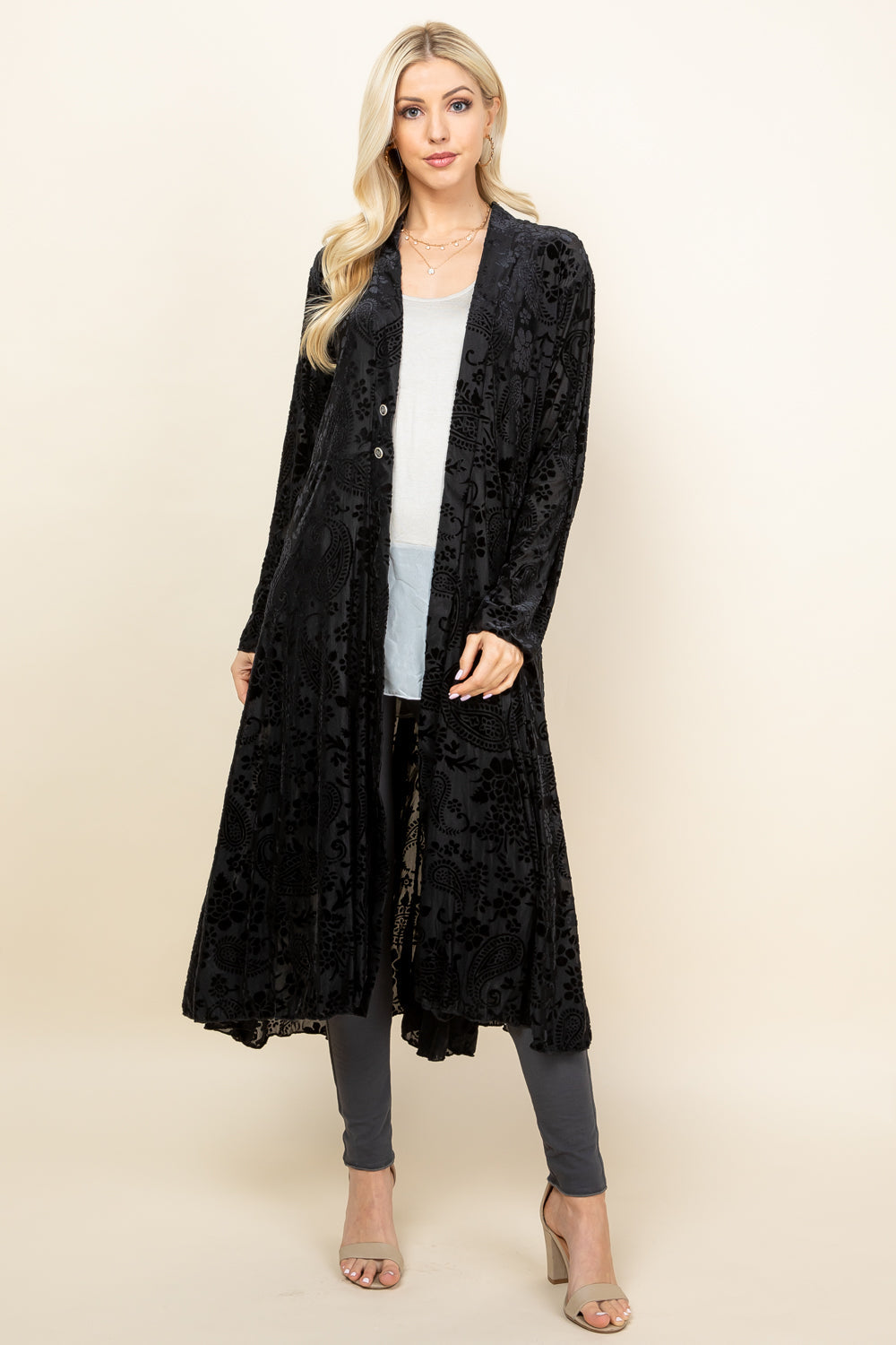 Full image of black long velvet paisley jacket – flowy boho duster, paisley print