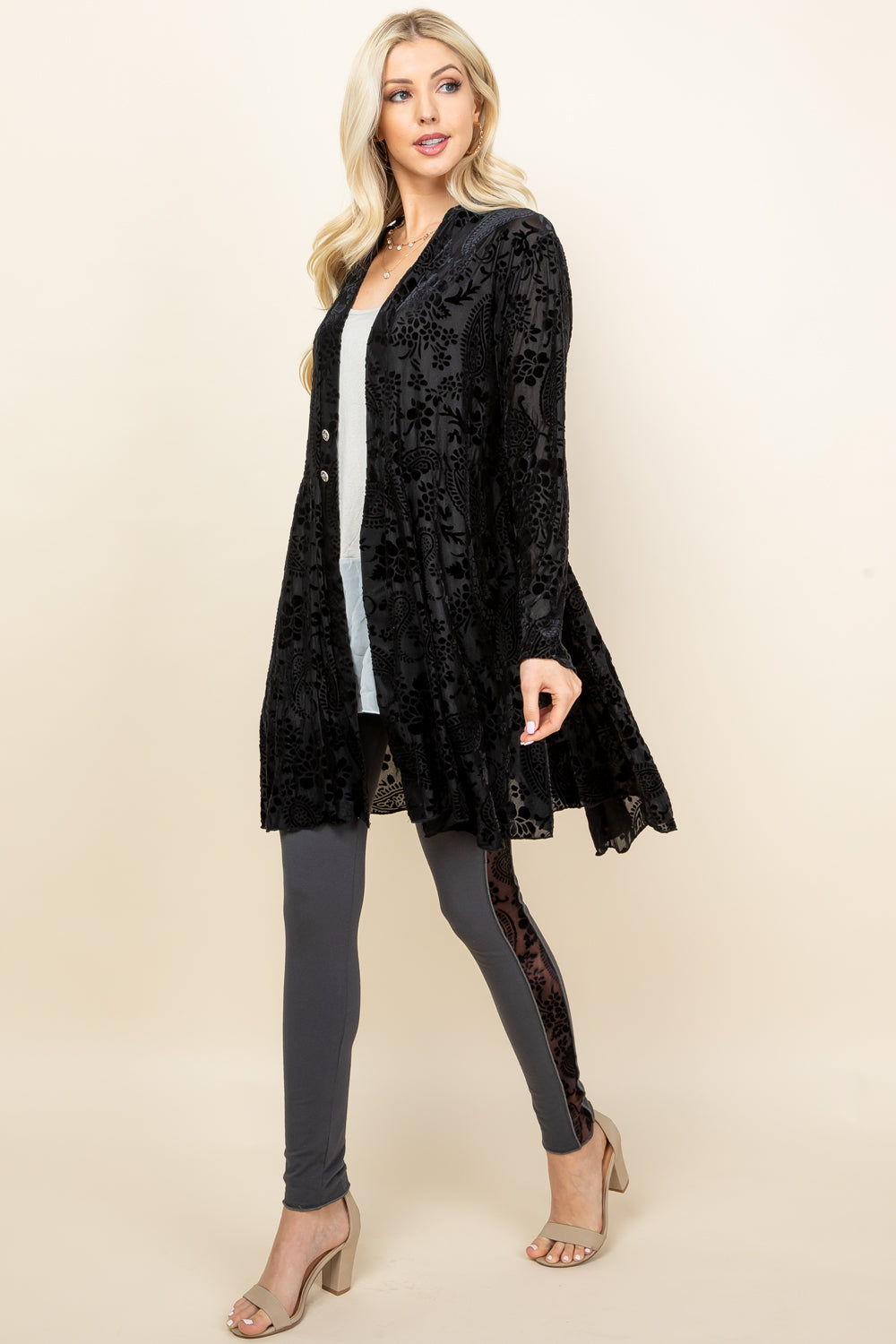 Full image of black velvet paisley jacket – flowy boho outerwear with intricate print