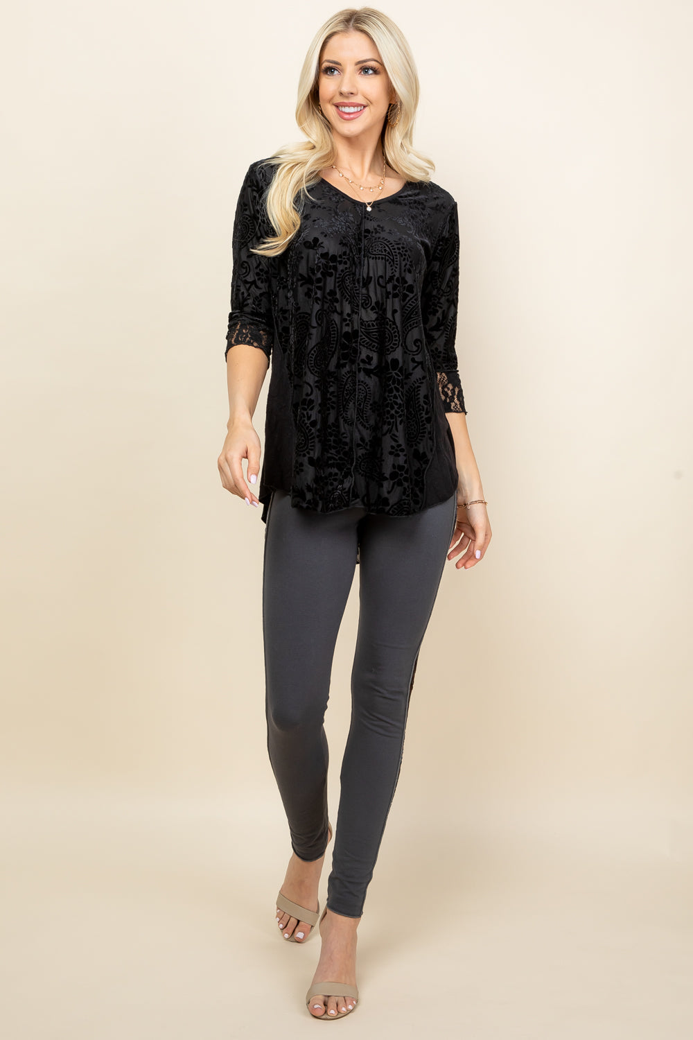 Full image of black velvet patchwork tunic – 3/4 sleeve boho top with paisley print