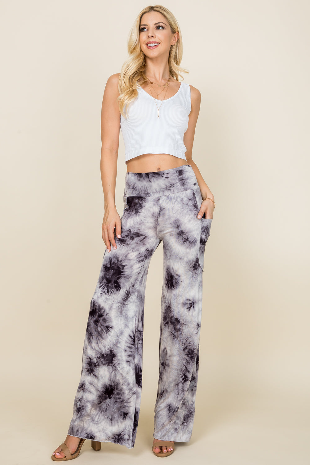 Full-length image of black and white tie-dye palazzo pants – wide leg pants for women, soft and breathable