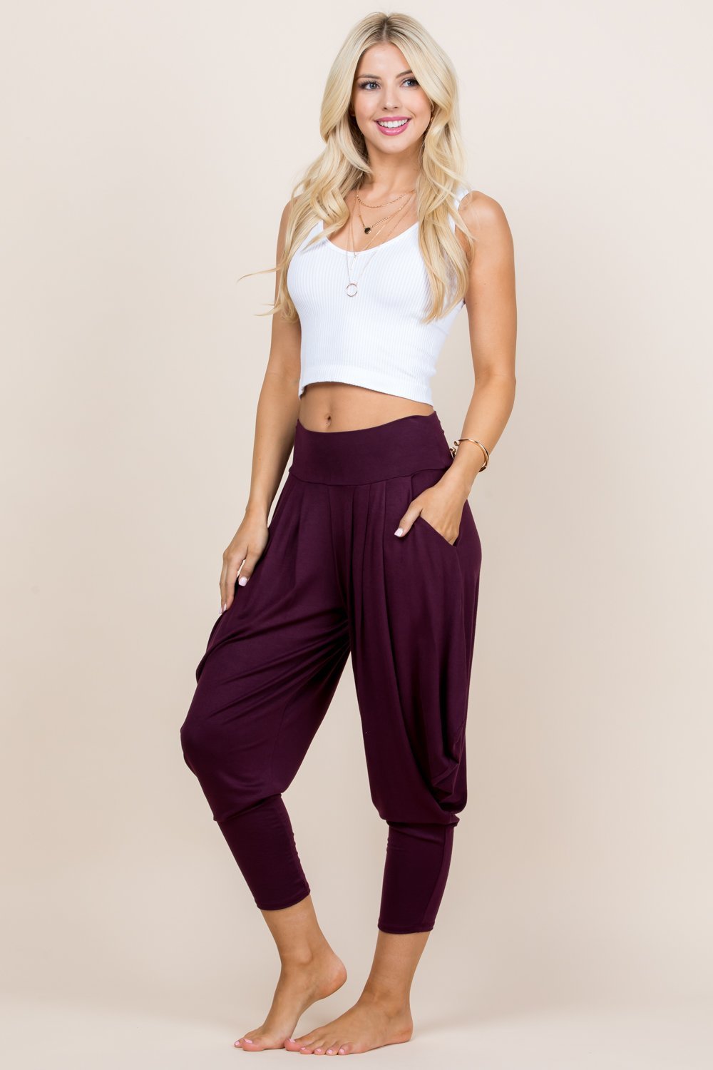 Full view of burgundy lounge harem pants for women by Kooniez – comfy and breathable