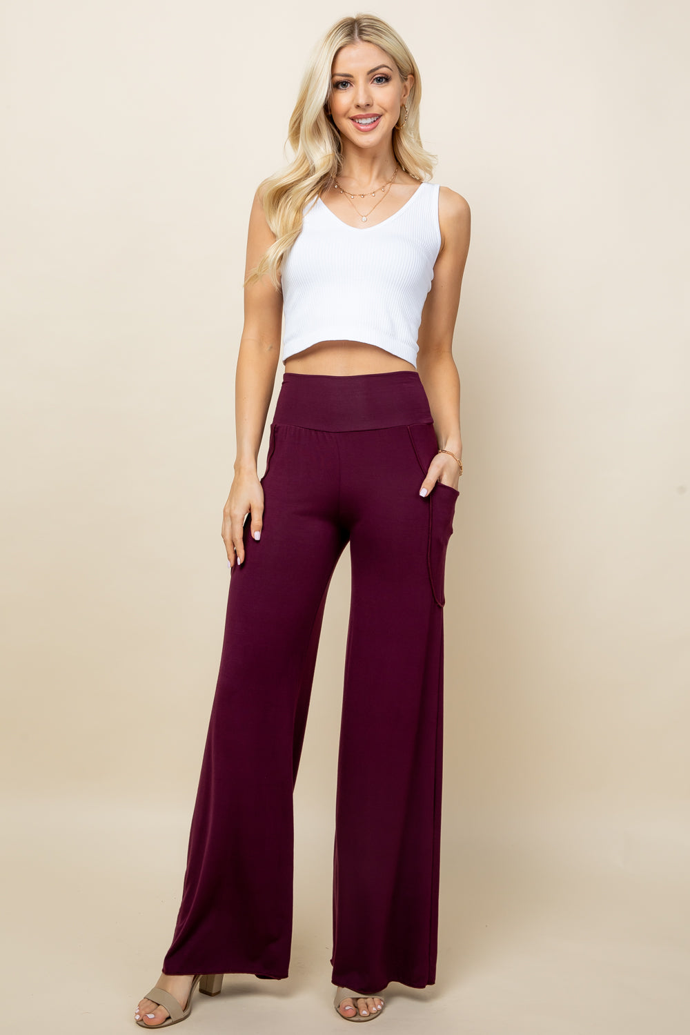 Full-length image of burgundy palazzo pants – wide leg pants for women, soft and breathable