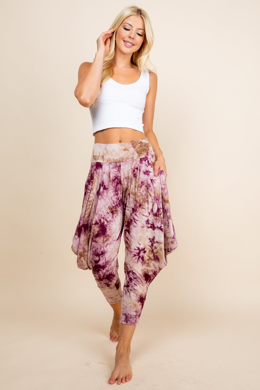 Full view of burgundy tie-dye lounge harem pants for women by Kooniez – comfy and breathable