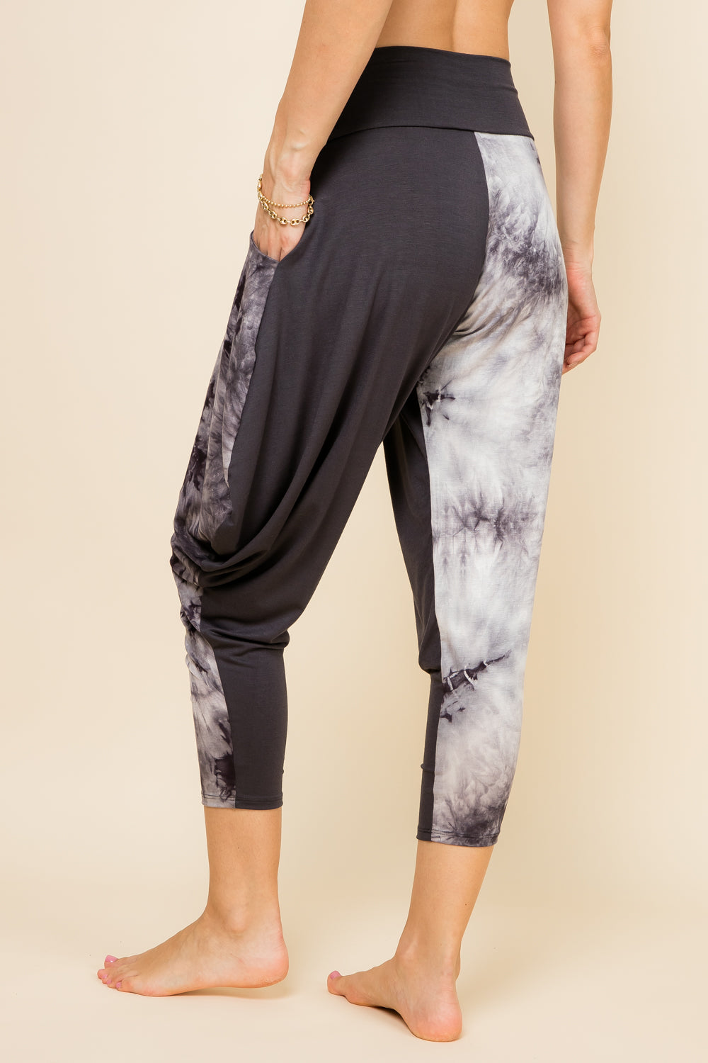 Side view of charcoal patchwork women’s harem pants with stretch waistband – Kooniez brand