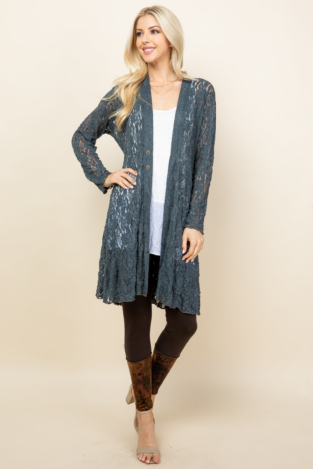 Full image of charcoal short pucker jacket – elegant boho lace duster