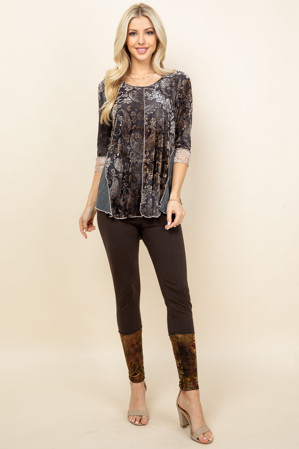 Full image of charcoal velvet patchwork tunic – 3/4 sleeve boho top with paisley print