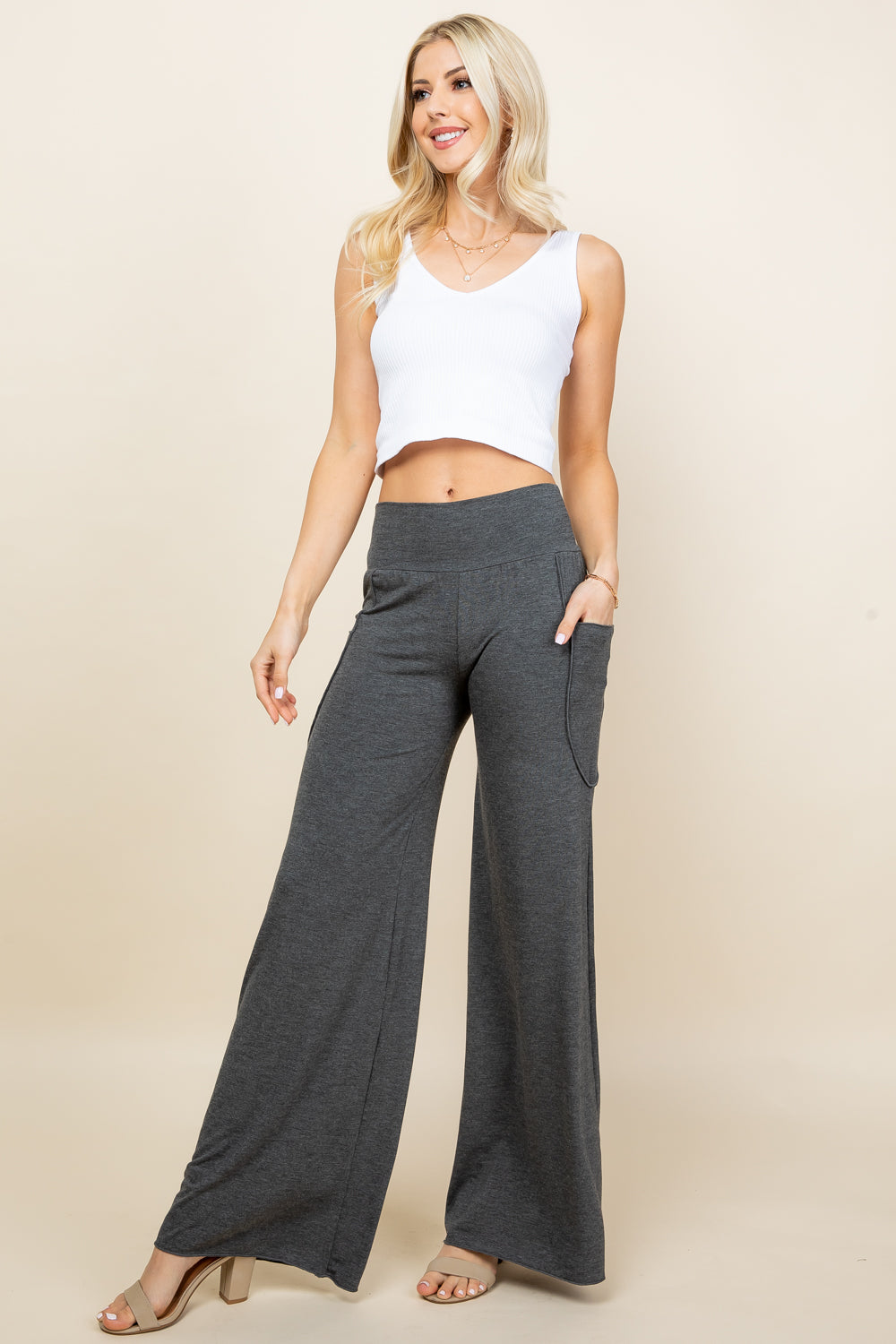 Full-length image of dark heather palazzo pants – wide leg pants for women, soft and breathable