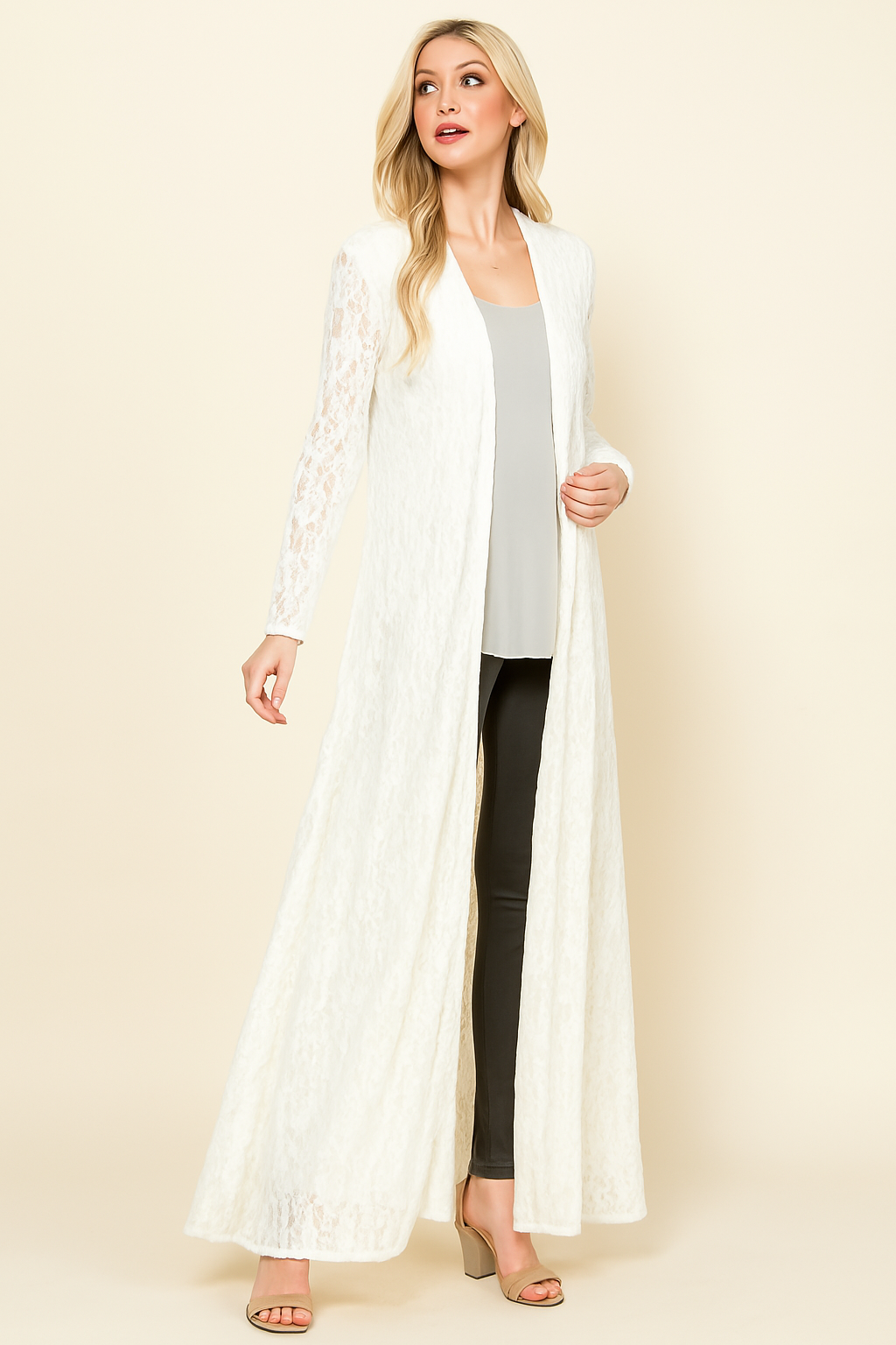 Full image of ivory long pucker jacket – elegant boho lace duster