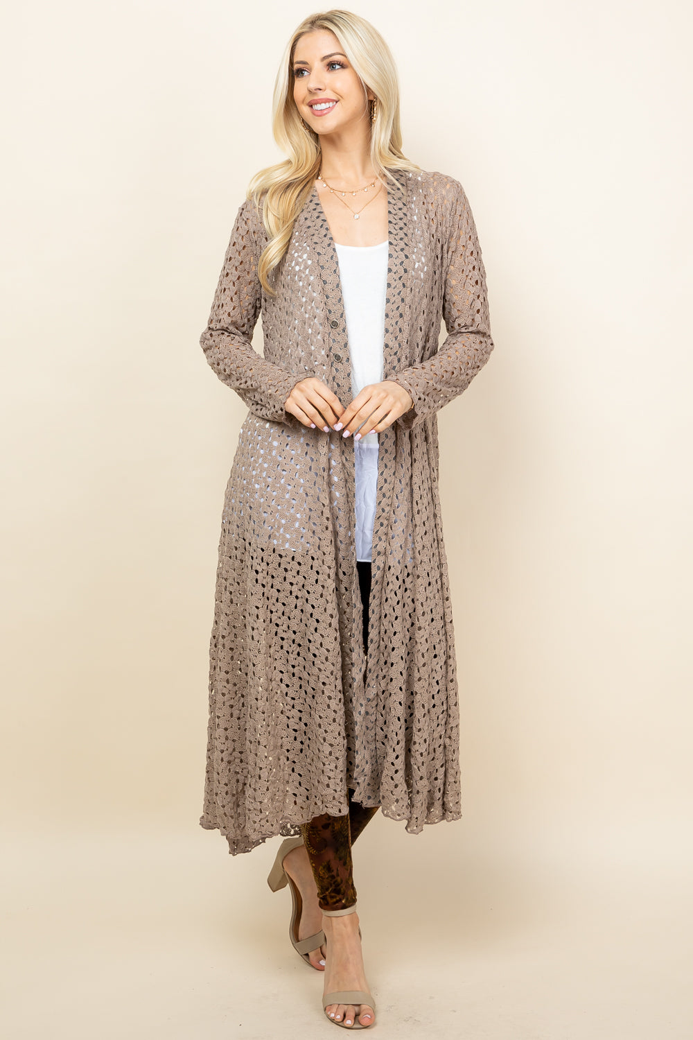 Full image of mocha long crochet lace jacket – lightweight and elegant duster