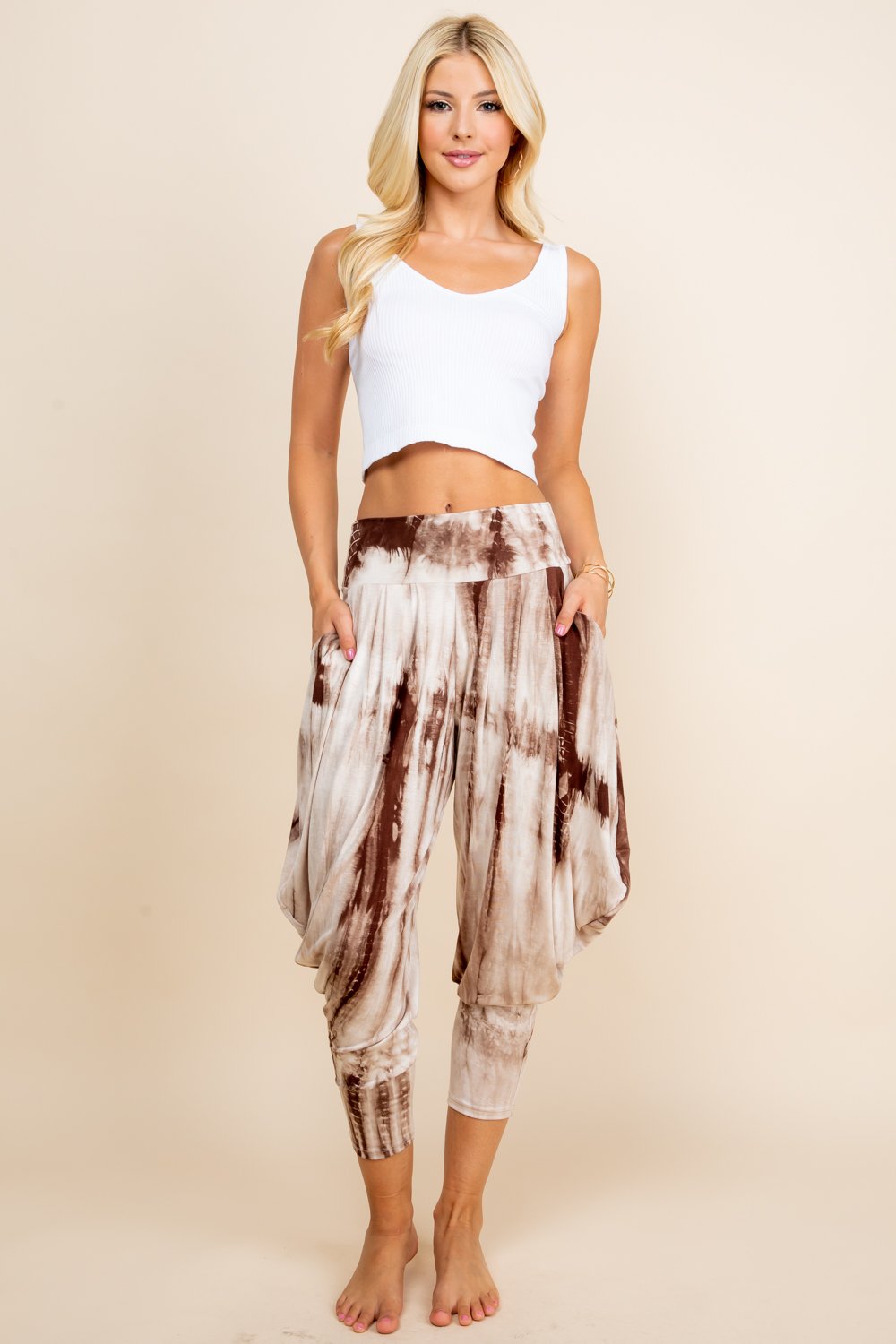 Full view of mocha tie-dye lounge harem pants for women by Kooniez – comfy and breathable