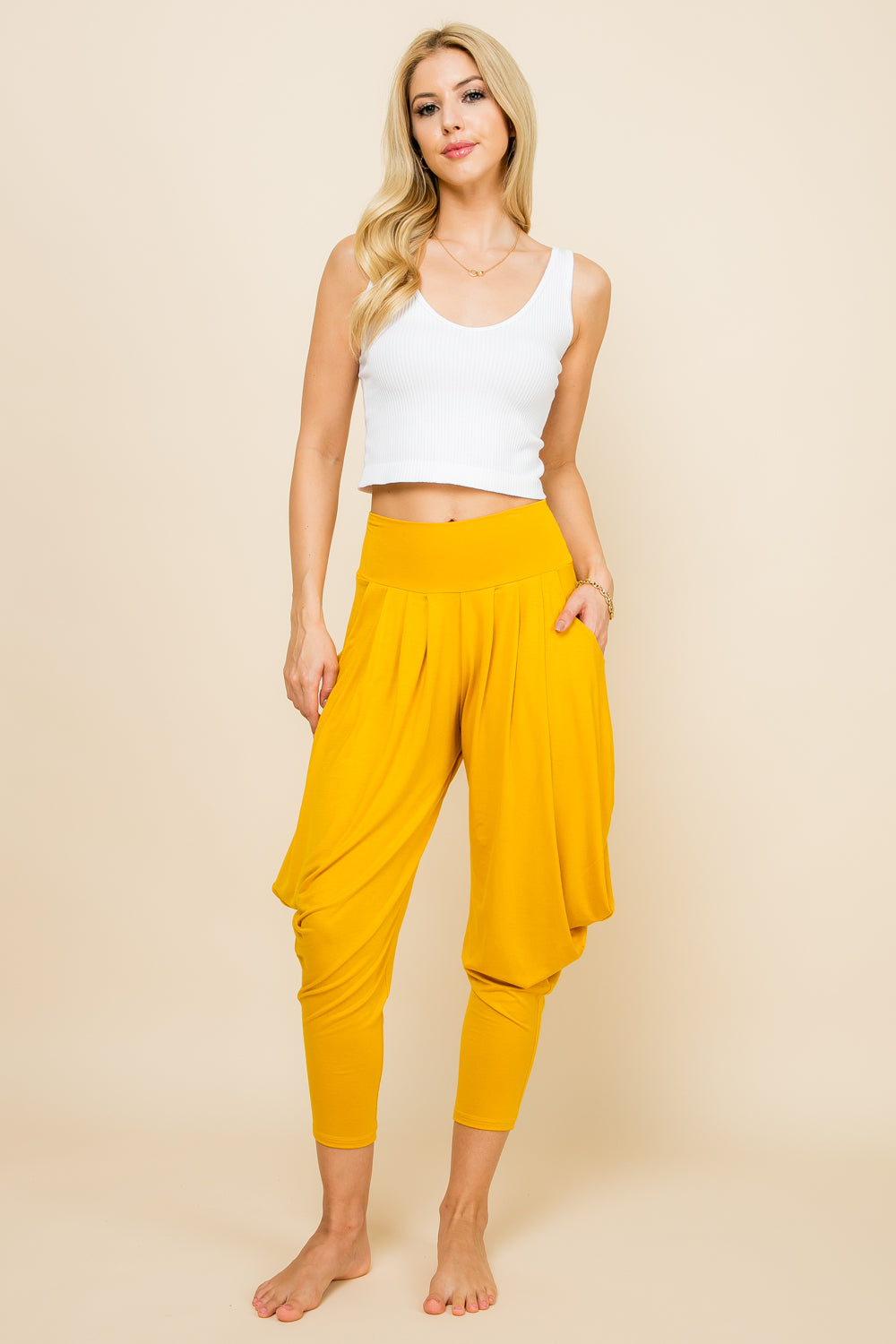 Full view of mustard lounge harem pants for women by Kooniez – comfy and breathable