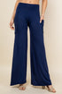 Front view of woman wearing navy blue palazzo wide leg pants – flowy lounge style, made in USA