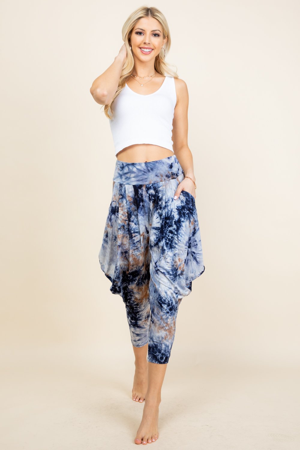 Full view of navy tie-dye lounge harem pants for women by Kooniez – comfy and breathable