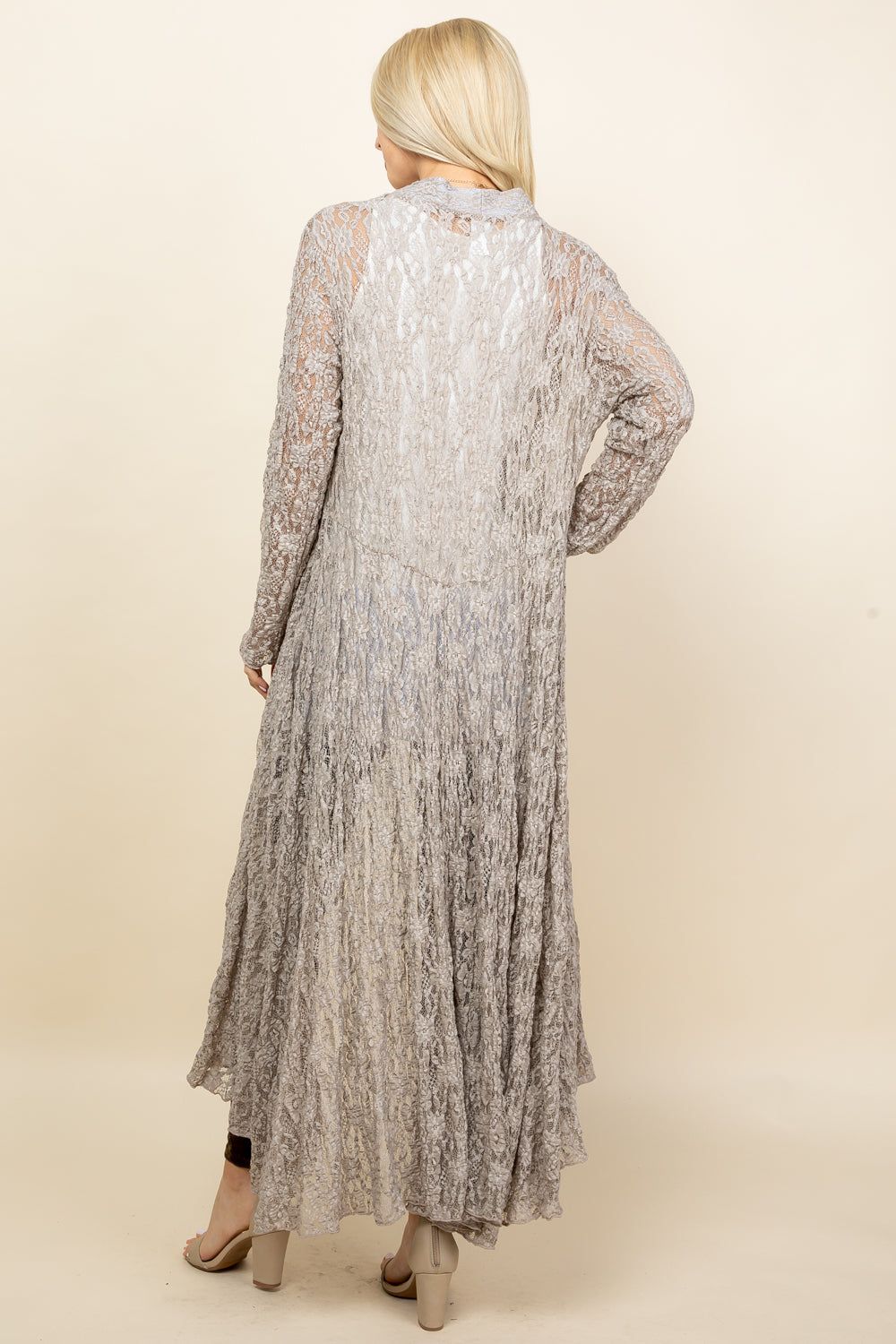 Back view of oatmeal long pucker lace jacket – long flowy boho cardigan