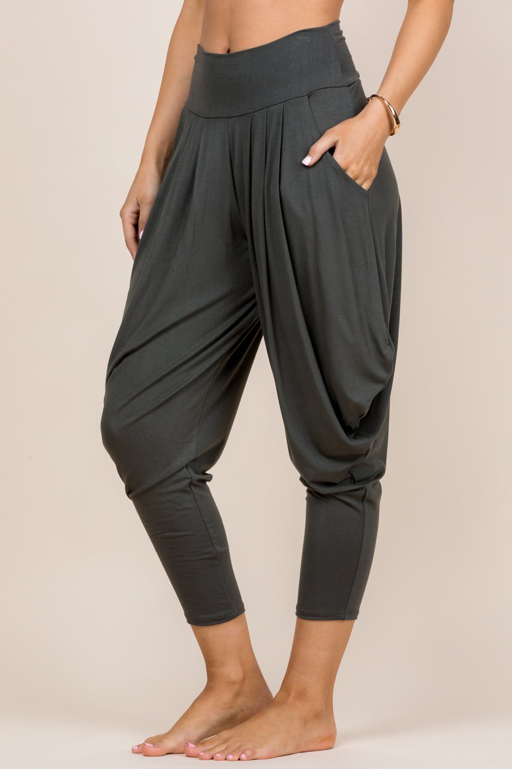 Side view of olive women’s harem pants with stretch waistband – Kooniez brand