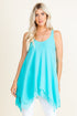 Front view of woman wearing turquoise sleeveless swing tunic top – flowy and soft, made in USA
