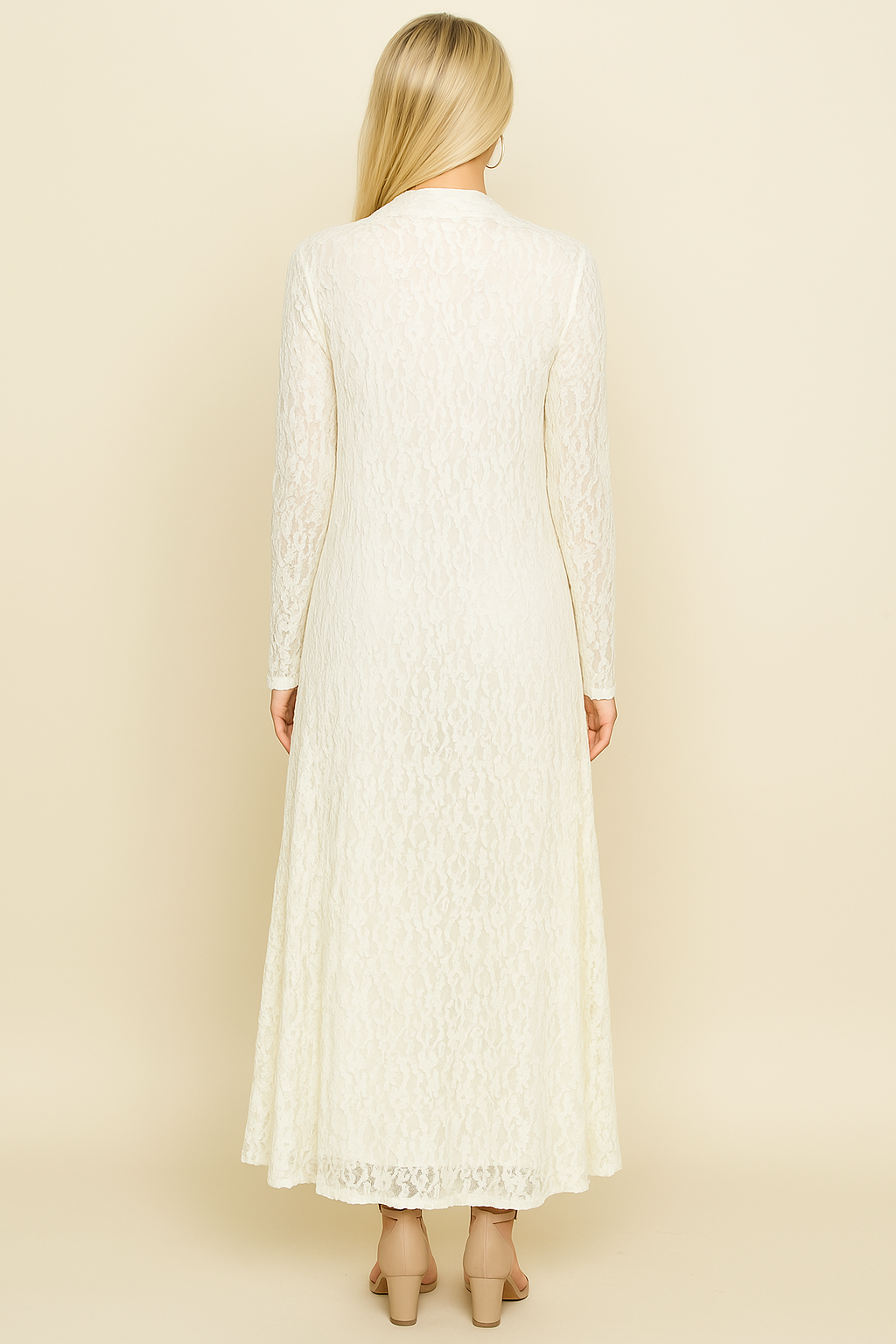 Back view of white long pucker lace jacket – long flowy boho cardigan