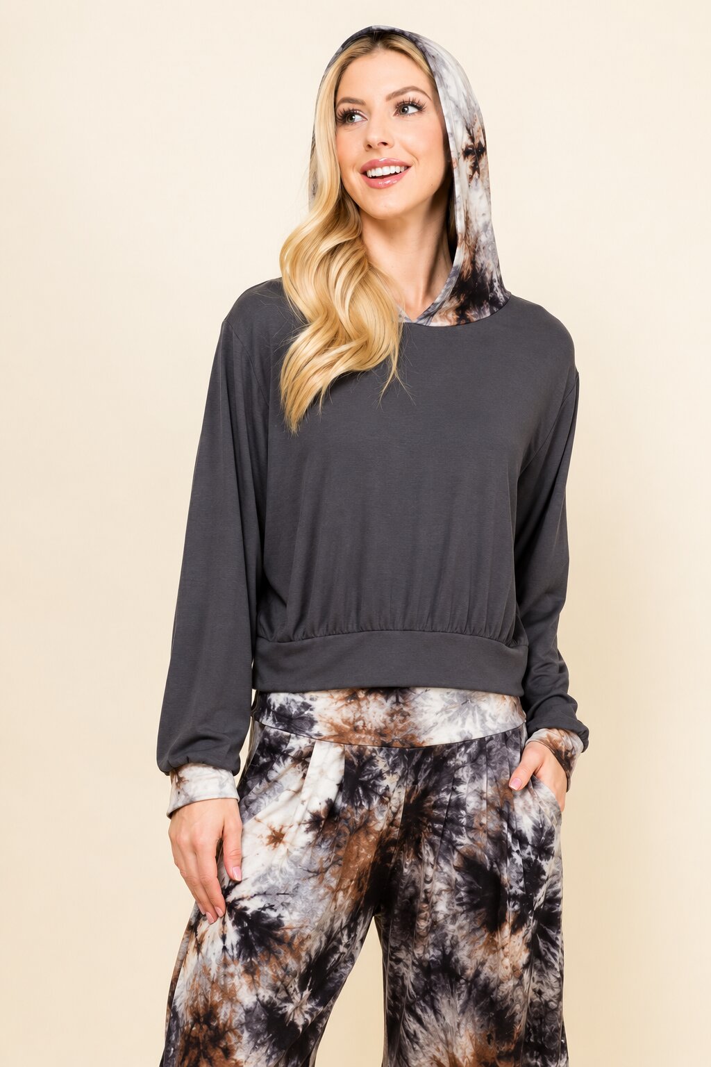 Charcoal & Dark Navy Tie-Dye Cropped Hoodie – Soft Lounge Hoodie for Women | Made in USA