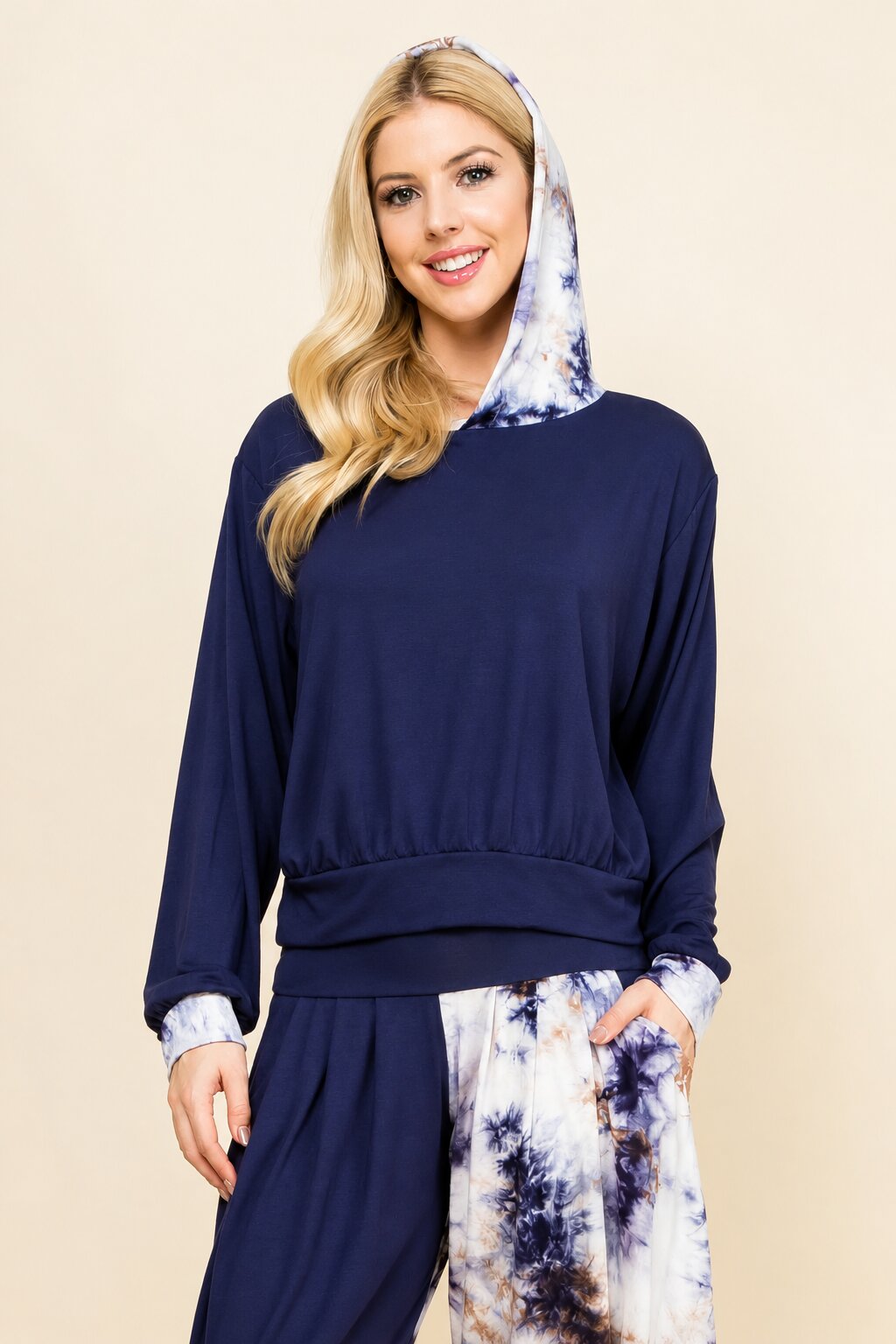 Navy Tie-Dye Patchwork Cropped Hoodie – Soft Lounge Hoodie for Women | Made in USA