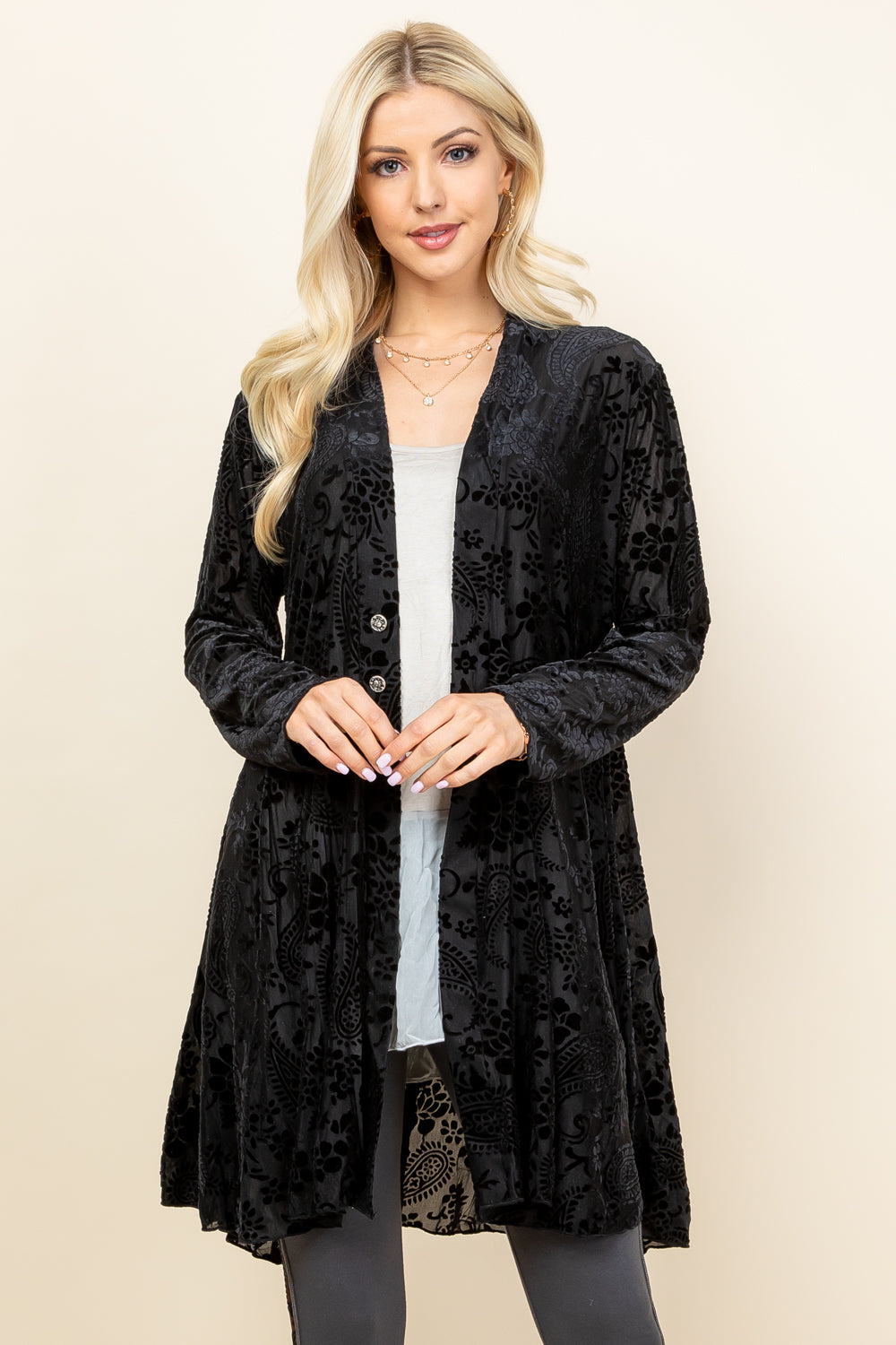 Side view of black velvet paisley jacket – relaxed boho outerwear, made in Los Angeles
