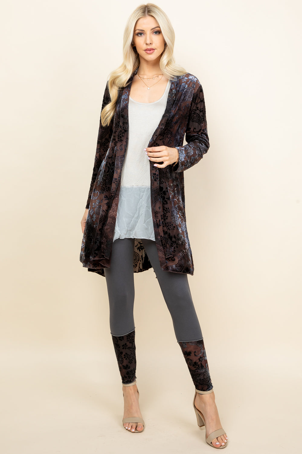 Full image of brown velvet paisley jacket – flowy boho outerwear with intricate print