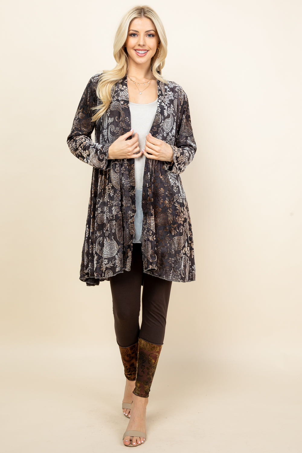 Full image of charcoal velvet paisley jacket – flowy boho outerwear with intricate print