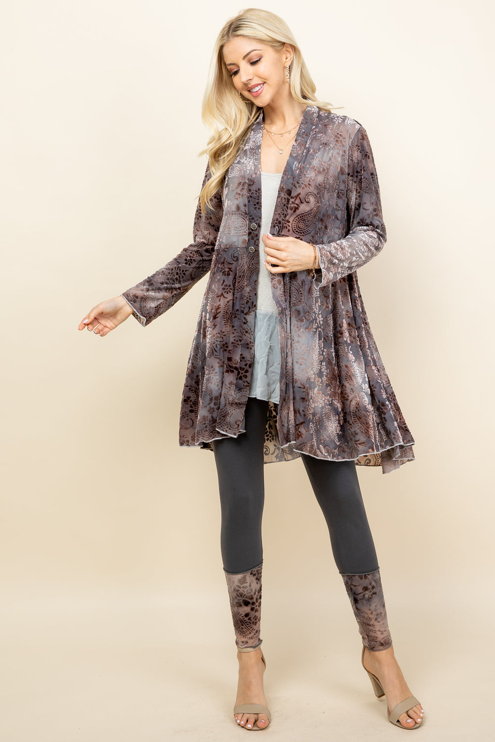 Full image of light grey velvet paisley jacket – flowy boho outerwear with intricate print