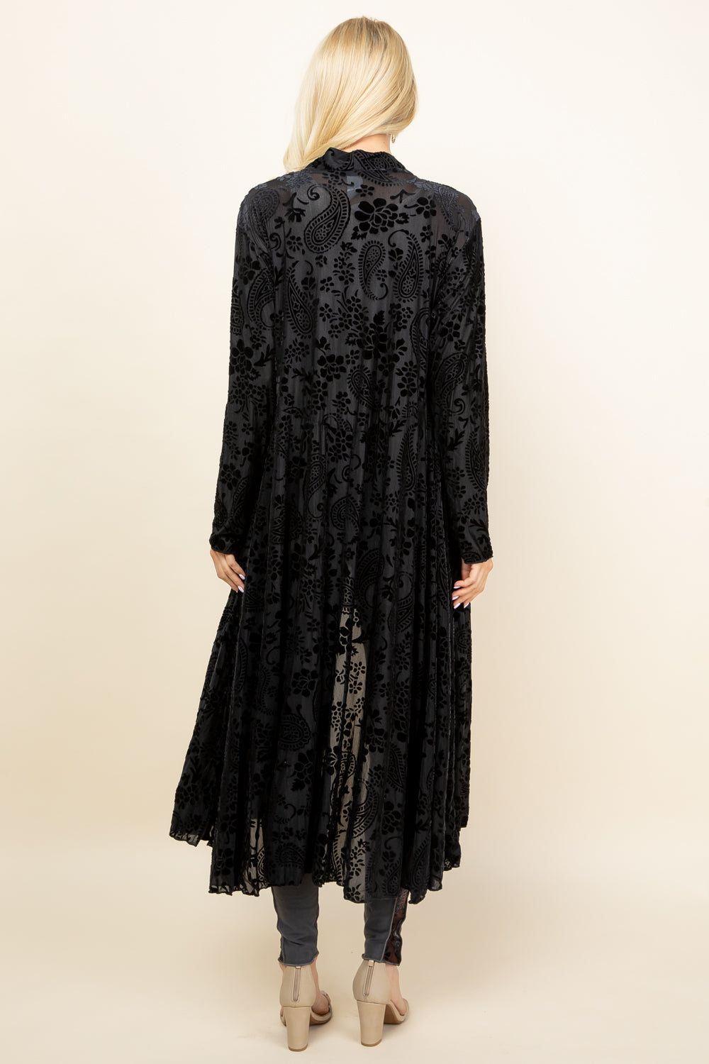 Back view of black long velvet paisley jacket – handcrafted boho duster, made in USA