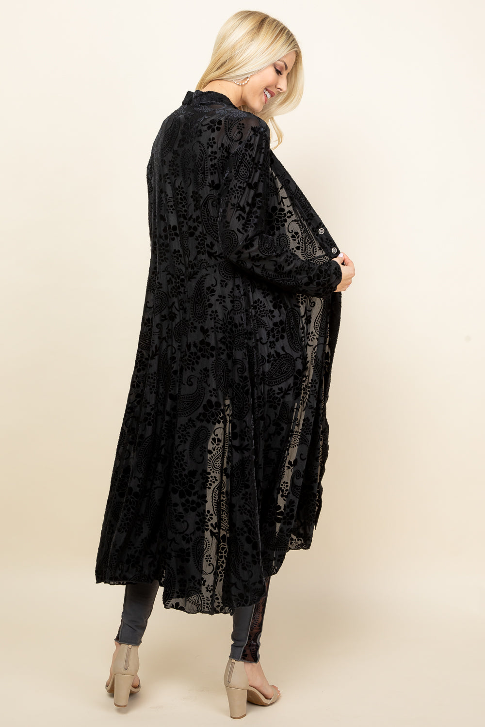 Side view of black long paisley velvet jacket – relaxed fit, made in Los Angeles