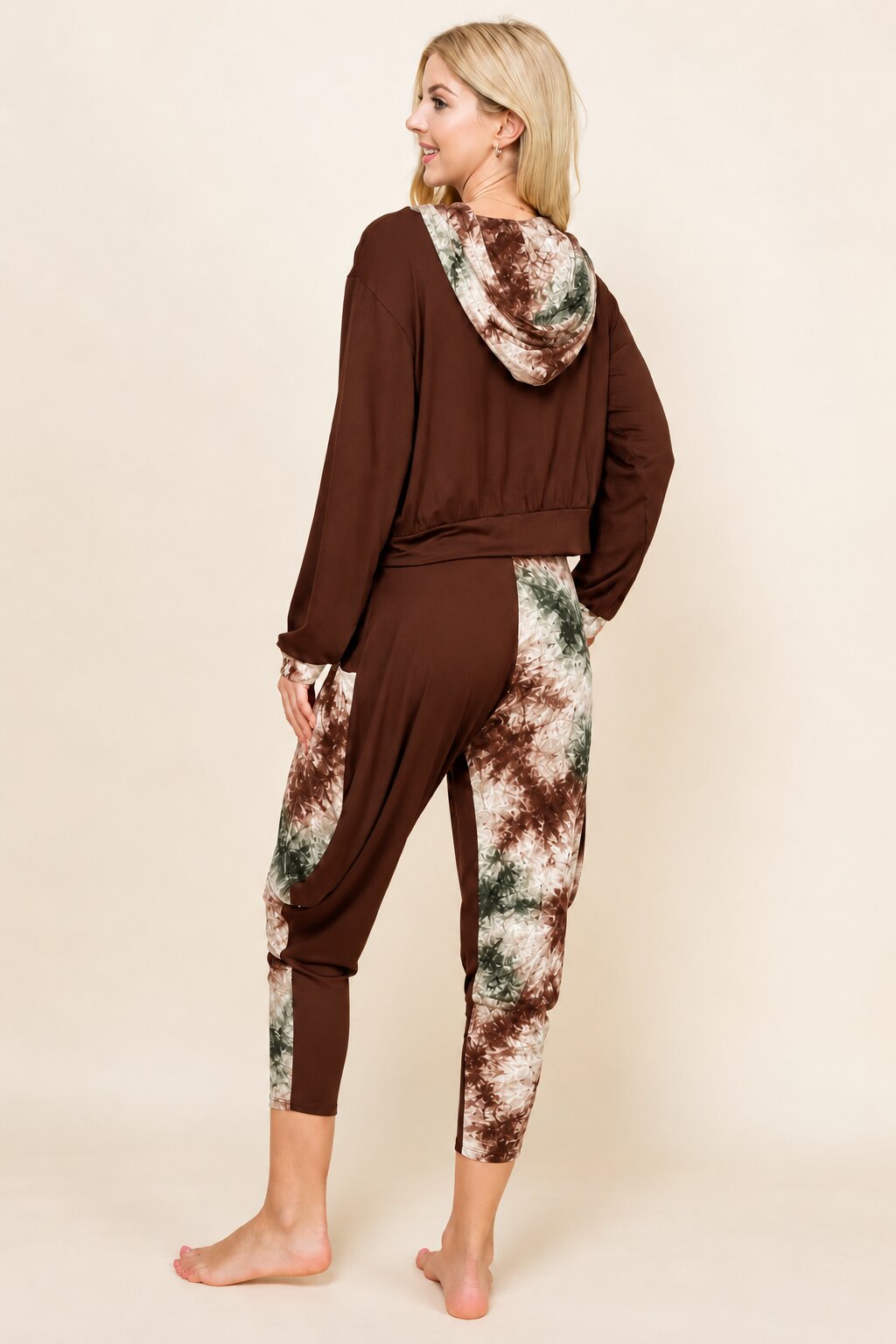Brown Patchwork Hoodie & Harem Pants Matching Set | Made in USA