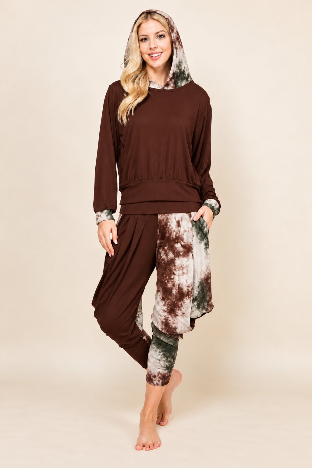 Brown Patchwork Hoodie & Harem Pants Matching Set | Made in USA