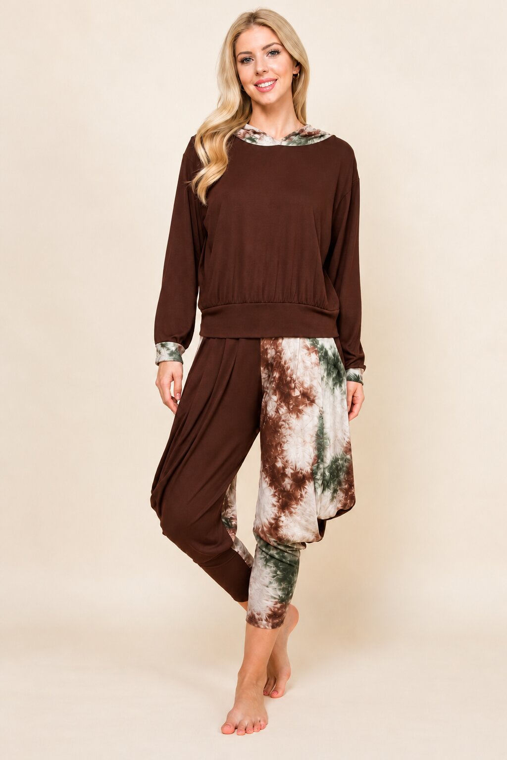 Brown Patchwork Hoodie & Harem Pants Matching Set | Made in USA