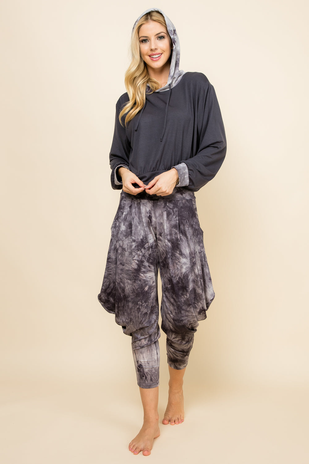Black/White Tie-Dye Pants & Charcoal Patchwork Hoodie