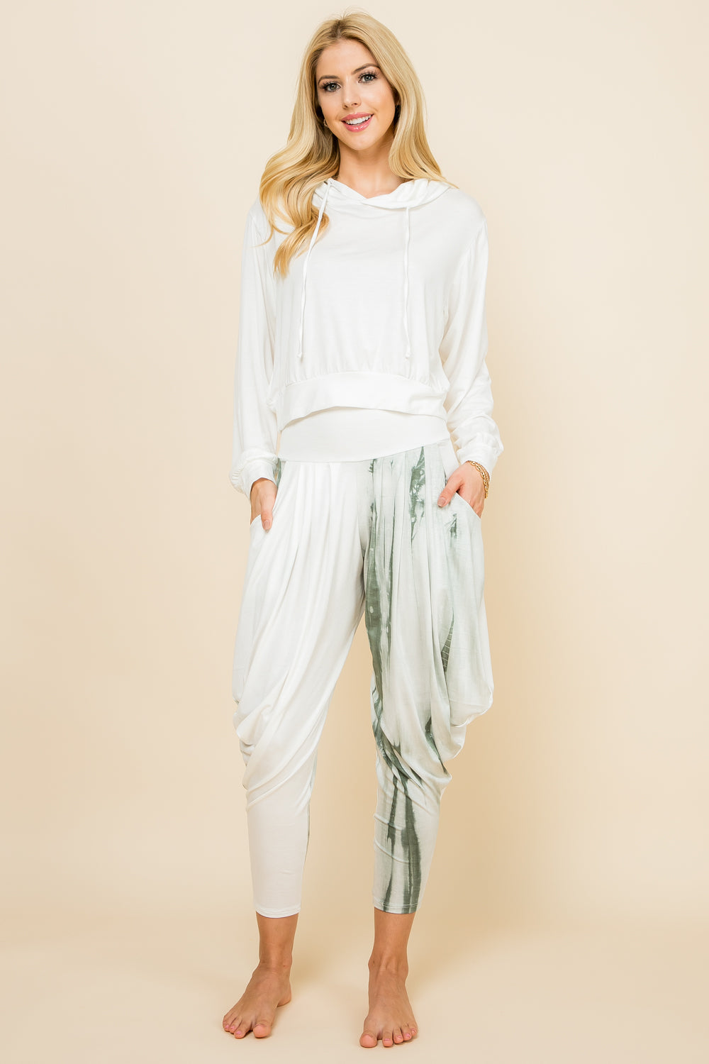 Mint Patchwork Pants & Ivory Solid Hoodie