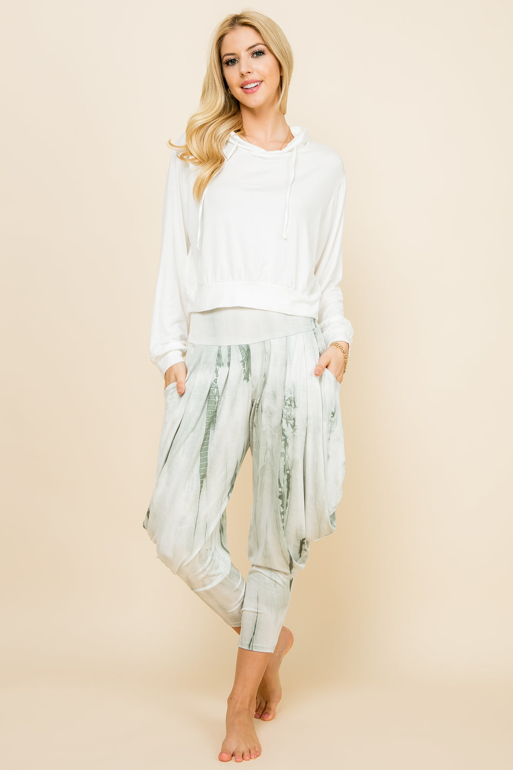 Mint Tie-Dye Pants & Ivory Solid Hoodie