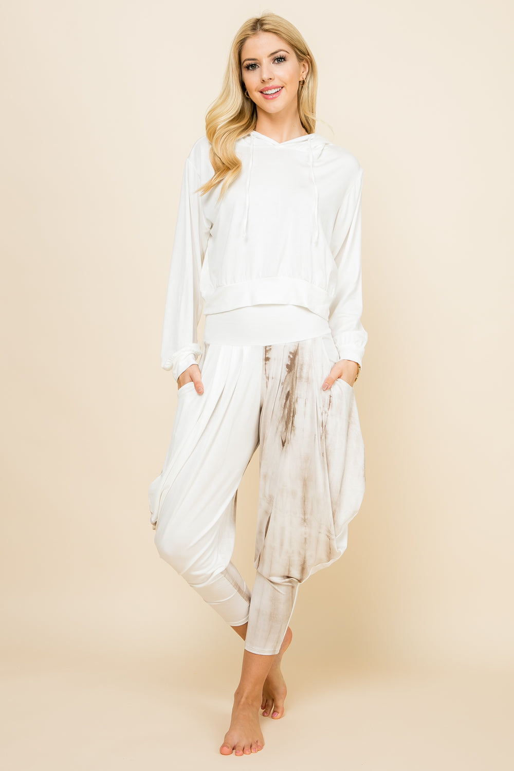 Mocha Tie-Dye Patchwork Pants & Ivory Solid Hoodie