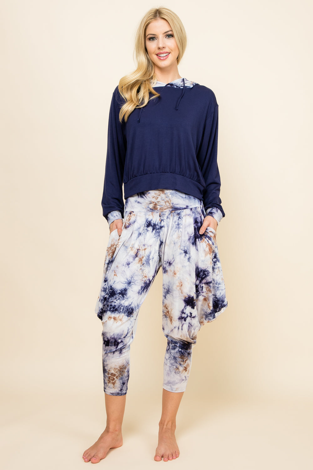 Tie-Dye Pants & Navy Patchwork Hoodie