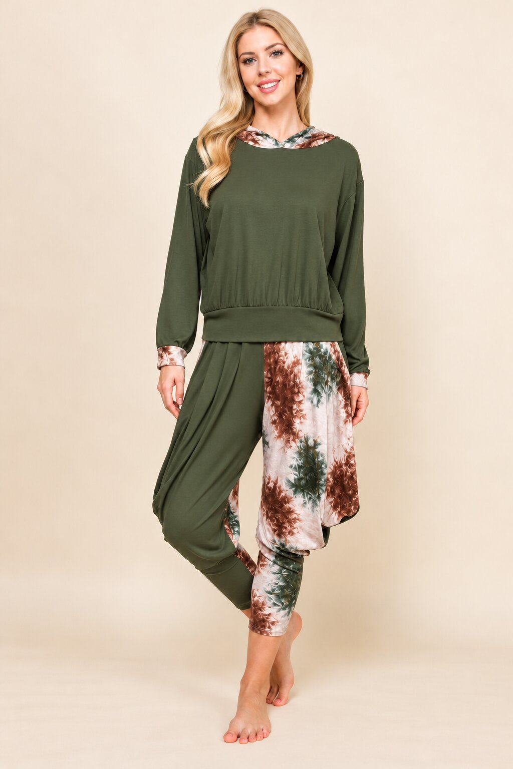 Olive Patchwork Hoodie & Harem Pants Matching Set | Made in USA