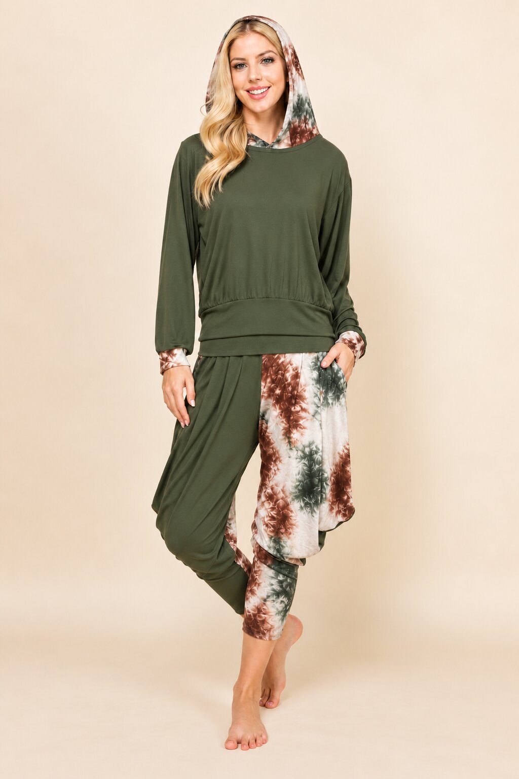 Olive Patchwork Hoodie & Harem Pants Matching Set | Made in USA