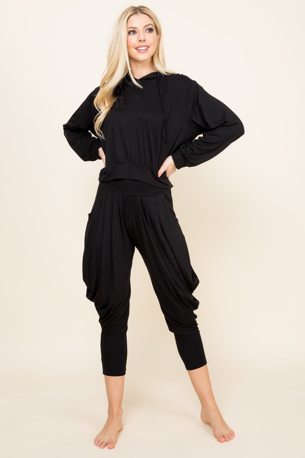 Full image of black cropped lounge hoodie for women – comfy, breathable, stylish