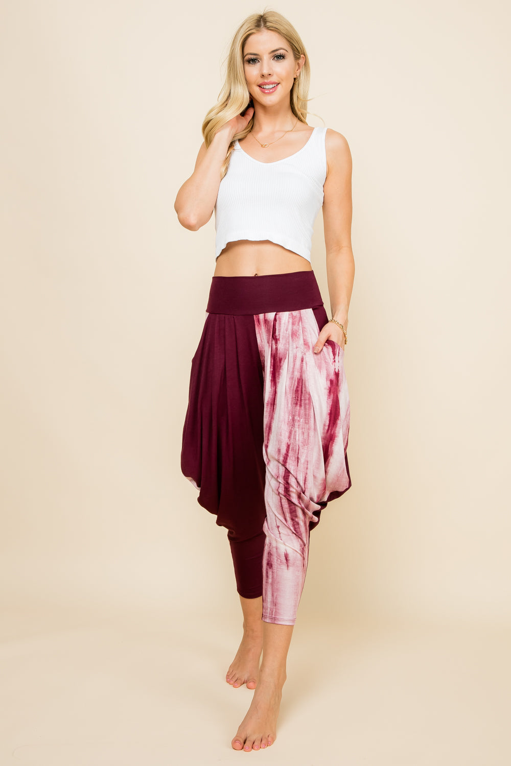 Full view of burgundy marble patchwork lounge harem pants for women by Kooniez – comfy and breathable