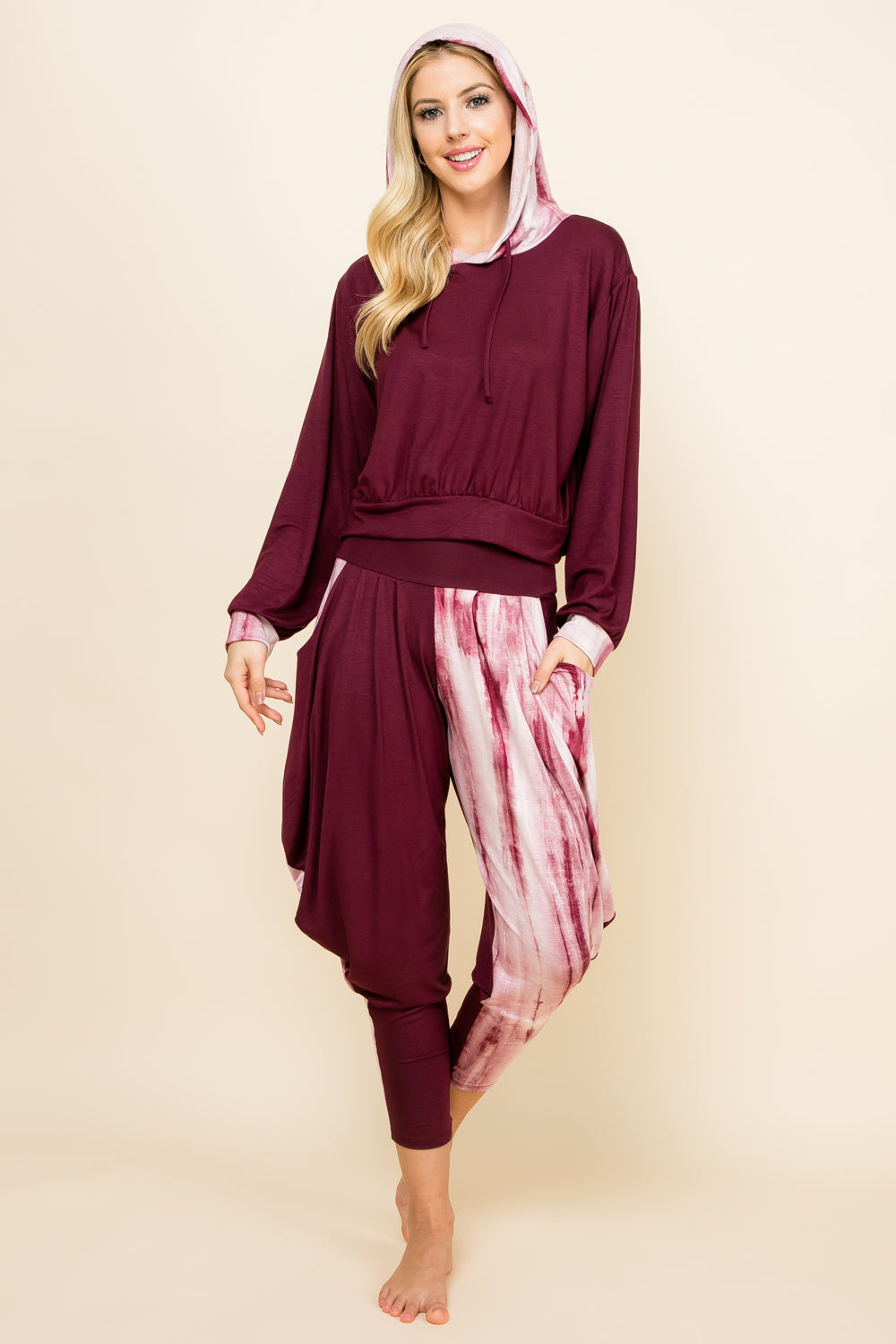 Full image of burgundy marble tie-dye patchwork cropped lounge hoodie for women – comfy, breathable, stylish