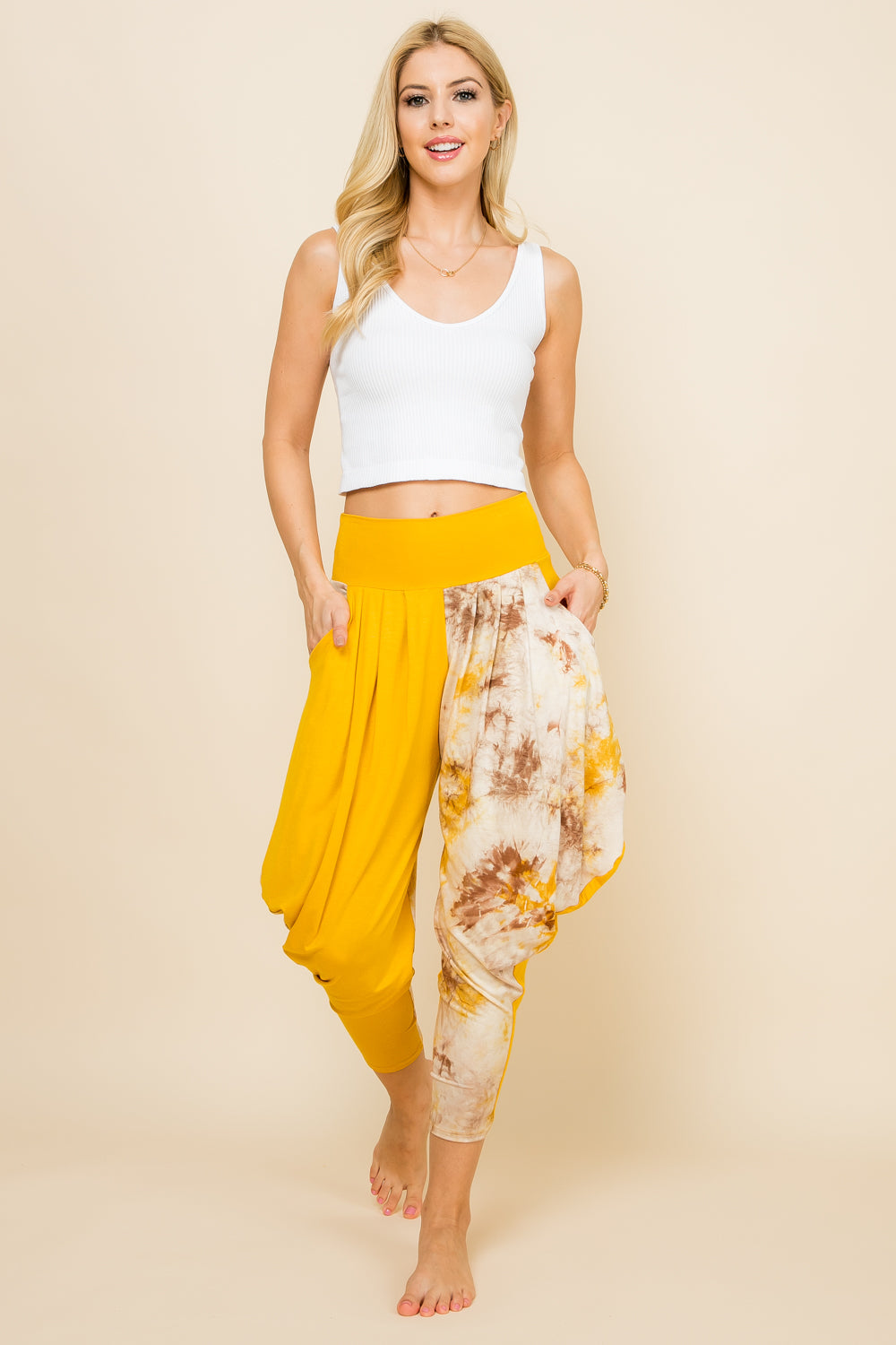 Full view of mustard patchwork lounge harem pants for women by Kooniez – comfy and breathable