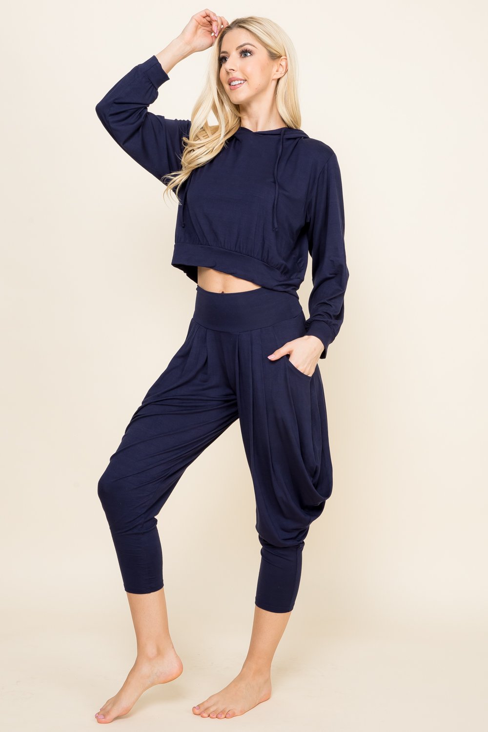 Full image of navy blue cropped lounge hoodie for women – comfy, breathable, stylish