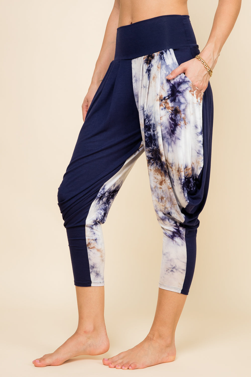 Side view of navy patchwork women’s harem pants with stretch waistband – Kooniez brand