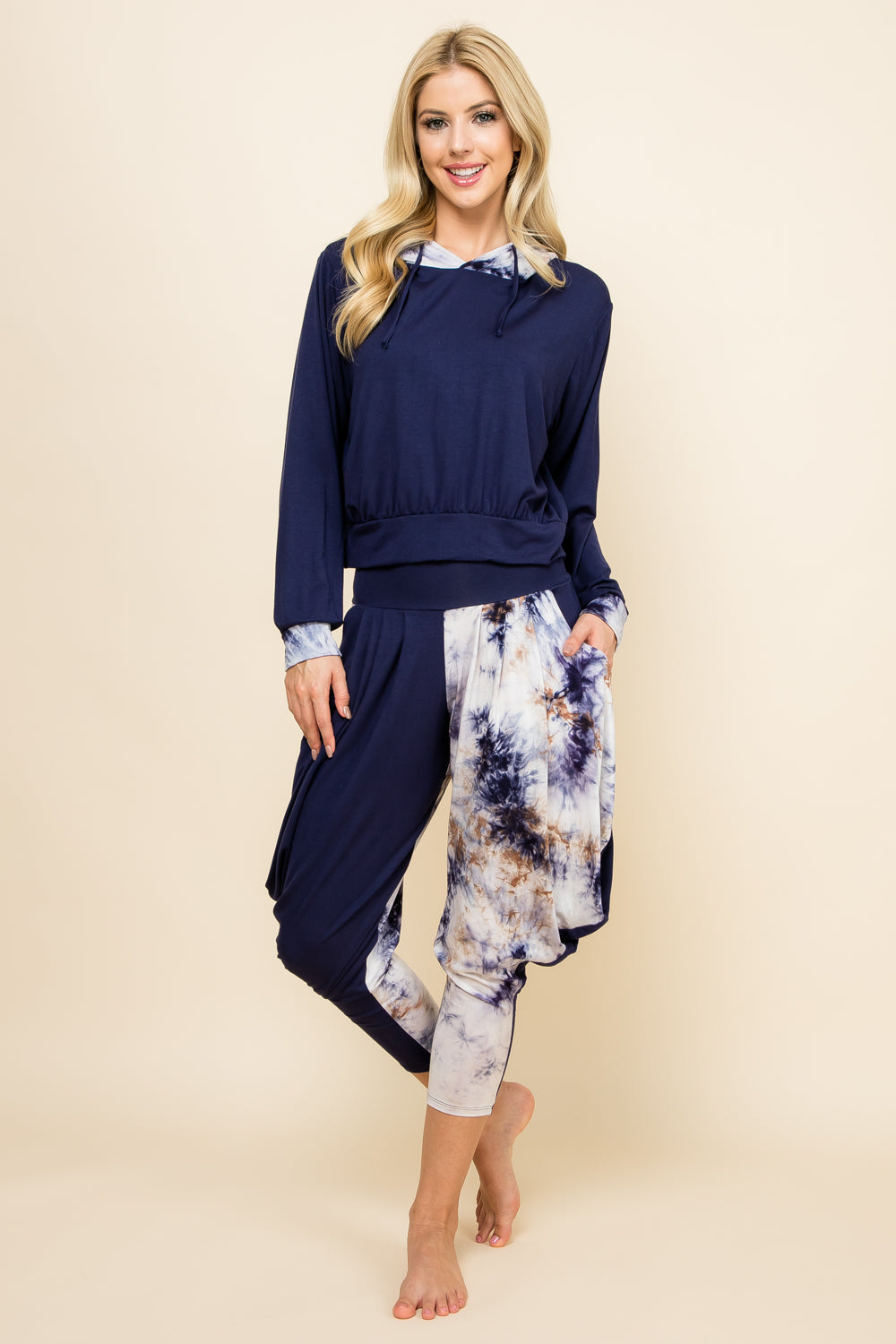 Full image of navy tie-dye patchwork cropped lounge hoodie for women – comfy, breathable, stylish