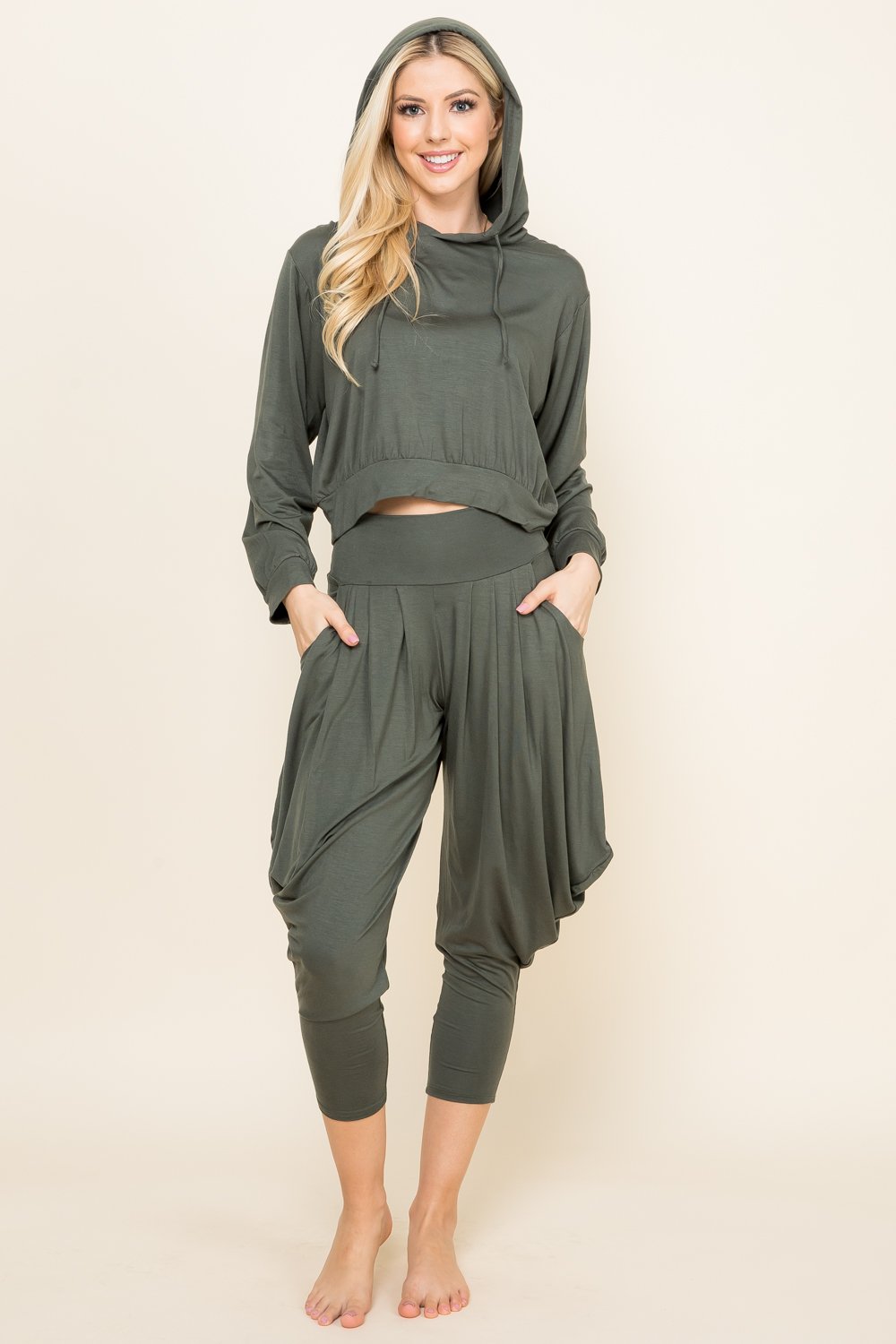 Full image of olive cropped lounge hoodie for women – comfy, breathable, stylish