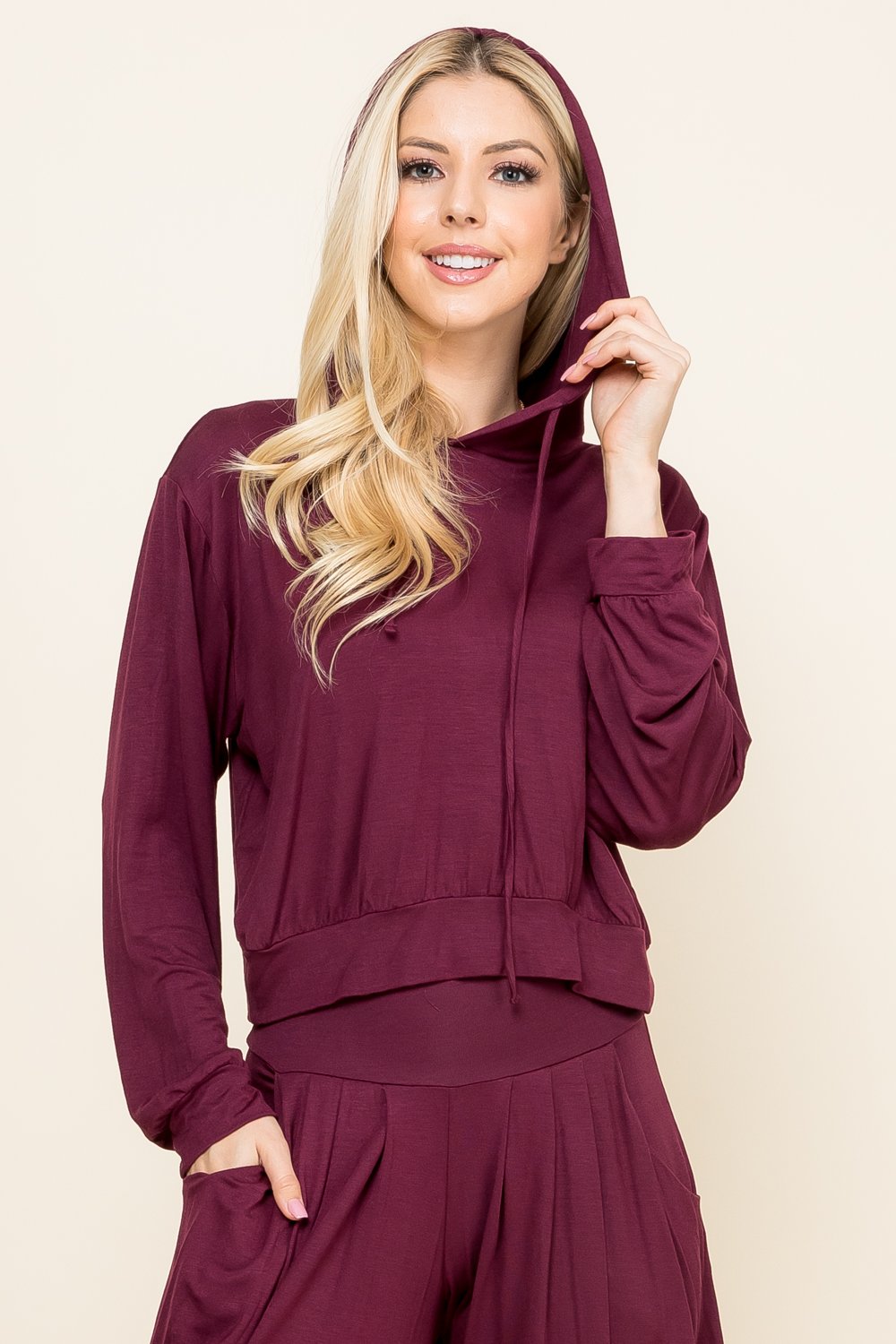 Side view of burgundy cropped hoodie – relaxed yoga-ready hoodie made in Los Angeles