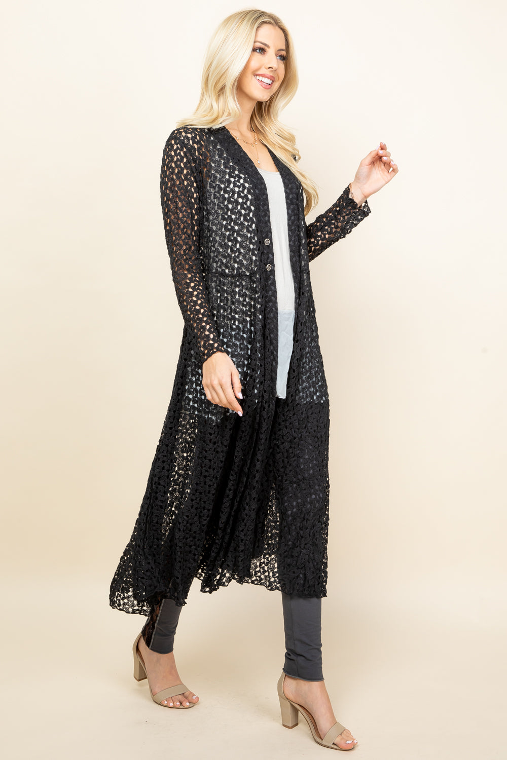 Full image of black long crochet lace jacket – lightweight and elegant duster