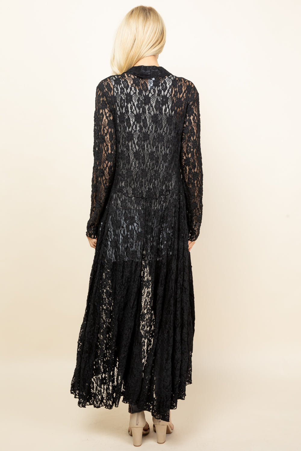 Back view of black long pucker lace jacket – long flowy boho cardigan